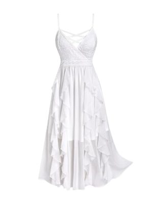 Rosegal Plus Size Party Dress for Women Lace Ruffles Cirsscross Cocktail Bridesmaid Wedding Guest Maxi Cami Formal Dress