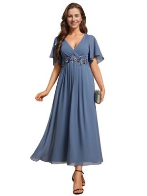 Women's Cocktail Dresses V Neck A-Line Elastic High Waist Wedding Guest Evening Party Maxi Dress 02093