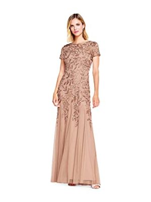 Womens Floral Beaded Godet Gown