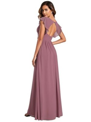 Women's Flowy Chiffon A Line Ruffles Sleeves Back Cutout Bridesmaid Dresses 01819