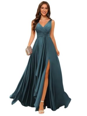 Double V Neck Satin Bridesmaid Dresses for Women Long Ruffled Split A-line Formal Prom Dresses with Pocket CYM185
