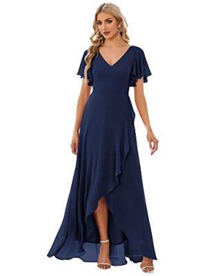 Women's Double V Neck A Line Ruffle Hem Backless High Low Chiffon Bridesmaid Dresses 01749