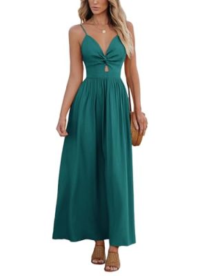 Women Casual Dress Beach Sleeveless V Neck Summer Cutout Spaghetti Straps Formal Maxi Sun Dresses