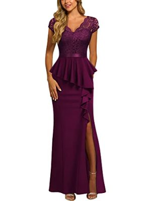 Women's Elegant Floral Lace Ruffle Split Cocktail Party Long Dress