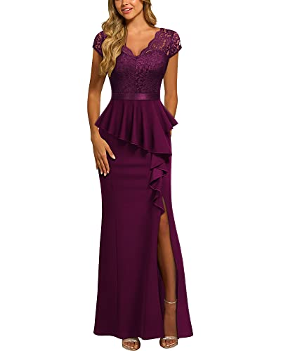 Women's Elegant Floral Lace Ruffle Split Cocktail Party Long Dress