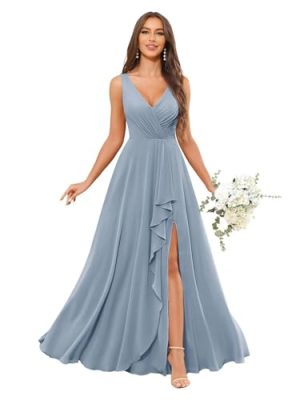 Bridesmaid Dresses for Women V-Neck Pleated Chiffon Ruffles A-Line Formal Evening Gown with Slit