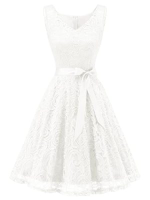Women Floral Lace Bridesmaid Party Dress Short Prom Dress V Neck