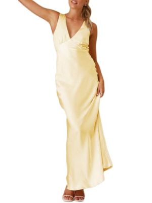 Summer Satin Formal V Neck Backless Sleeveless Maxi Dress for Women 2025 Elegant Evening Cocktail Wedding Guest Long Dresses
