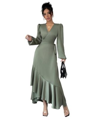 Women's 2025 Spring Fall Dress Crossover Flounce Side Tie, Ruffle Hem Satin Dress