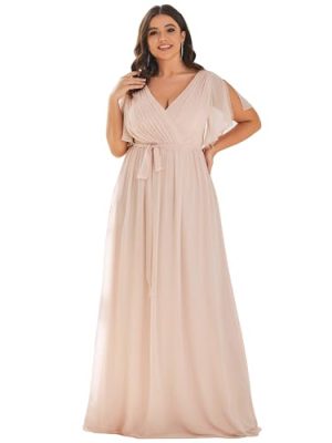 Women's Chiffon Short Sleeves A-Line V-Neck Empire Waist Floor Length Plus Size Formal Bridesmaid Dress