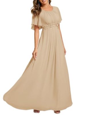 Women's Classic Round Neck Pleated Short Sleeves Chiffon Appliques Floor Length A Line Formal Evening Dresses
