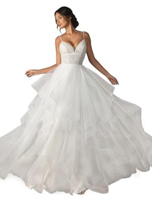 Tiered Tulle Wedding Dresses for Women Boho Style, Slip Dresses V Neck with Adjustable Strap,Sexy Beach Dresses