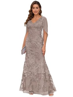 Lace Mermaid Mother of The Bride Dresses for Wedding V Neck Long Formal Evening Gown with Cape Sleeves