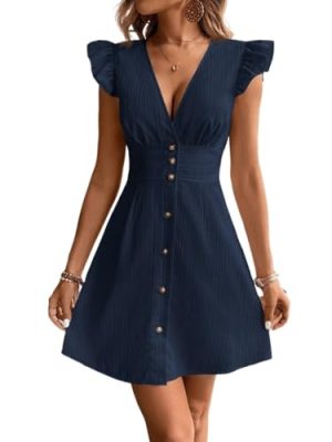 Womens Summer Casual Solid Color Ruffle Sleeve Front Button Dress Short Dresses