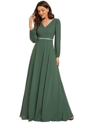 Women's Formal Dresses Long Sleeve V Neck Empire Waist A Line Beading Floor Length Wedding Guest Dress 01981