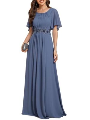 Women's Classic Round Neck Pleated Short Sleeves Chiffon Appliques Floor Length A Line Formal Evening Dresses