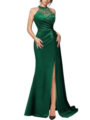 Women's Sexy Halter Sequin Lace Satin High Split Ruched Style Evening Party Maxi Dress