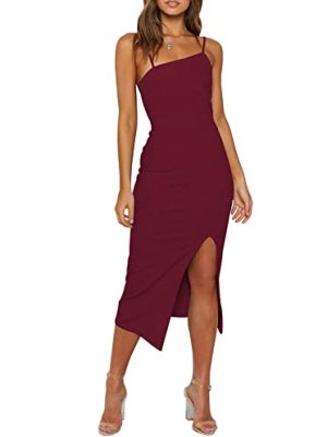 Women's Adjustable Spaghetti Straps Sleeveless High Waist Split Midi Bodycon Cocktail Party Dress