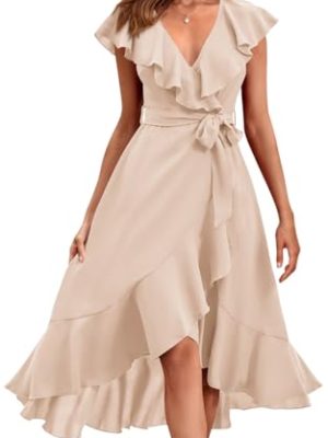 Women's 2025 Summer Cross Midi Dress Casual Boho Deep V Neck Short Sleeve Ruffle Hem Split Beach Long Dresses