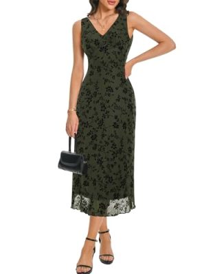 Women's Sexy V Neck Sleeveless Mesh Maxi Dresses Summer Casual Elegant Long Floral Dress Wedding Guest Cocktail Party
