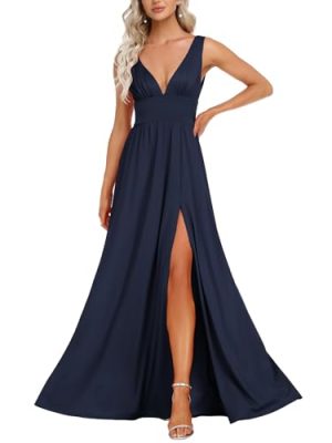 Women's Bridesmaid Dresses Deep V-Neck Sleeveless Side Slit Floor Length Wedding Guest Dress 0168B