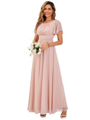 Women's Elegant Round Neck Short Sleeves Chiffon Empire Waist Floor Length Formal Bridesmaid Dress 01840-PH
