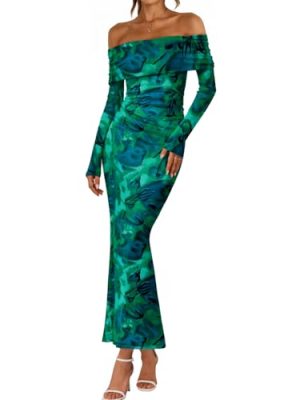 Off The Shoulder Bodycon Floral Dress 2025 Fall Long Sleeve Maxi Wedding Guest Cocktail Going Out Club Dresses