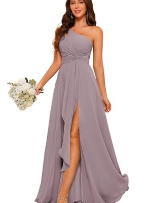 Chiffon One Shoulder Bridesmaid Dresses with Slit A-Line Long Formal Party Dress with Pockets RO022
