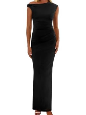Women's 2025 Summer Formal Maxi Dresses Sleeveless One Shoulder Bodycon Ruched Mesh Wedding Guest Cocktail Dress