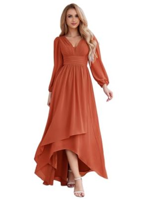 Women's Fall Lantern Sleeve A Line High Low Bridesmaid Dresses 02043