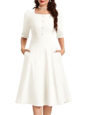Vintage Cocktail Dress Women Formal Wedding Guest Church Modest Square Neck Tea Dress with 3/4 Sleeve