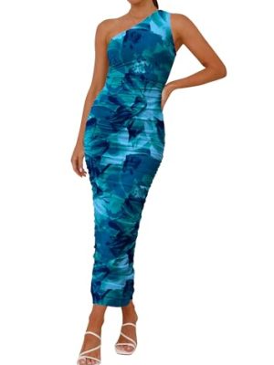 Women's One Shoulder Bodycon Dresses Summer 2025 Ruched Floral Beach Cocktail Wedding Guest Dress