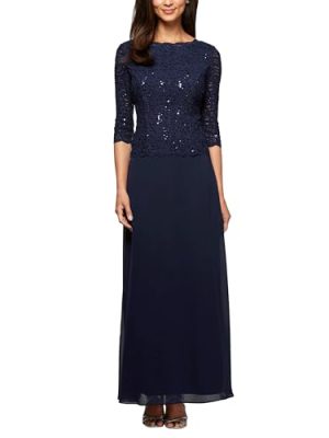 Women's 3/4 Sleeve Stretch Lace Bodice Mock One Piece Gown