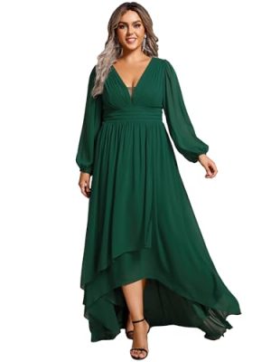 Women's Gorgeous Plus Size V Neck Lantern Sleeves Pleated A Line High Low Wedding Guest Dresses 02043-DA