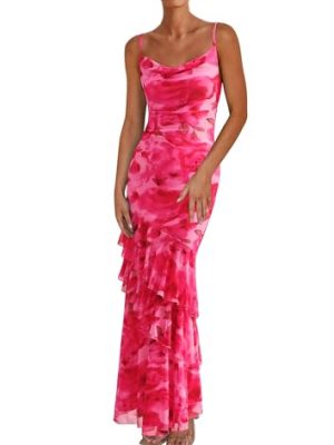 PRETTYGARDEN Maxi Dresses for Women 2025 Floral Beach Sundress Spaghetti Strap Tiered Summer Wedding Guest Long Dress