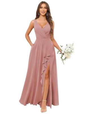 Women's Chiffon Bridesmaid Dresses 2025 with Pockets Long Slit Wedding Guest Dress Formal Evening Gowns
