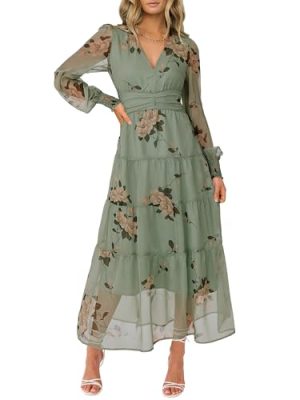 Womens Floral Long Sleeve Maxi Dress V Neck Chiffon Flowy Boho A-Line 2025 Fall Wedding Guest Party Wrap Dresses