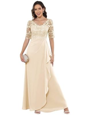 Long Mother of The Bride Dresses with Sleeves Lace Appliques Chiffon Ruffle Formal Evening Dress for Women