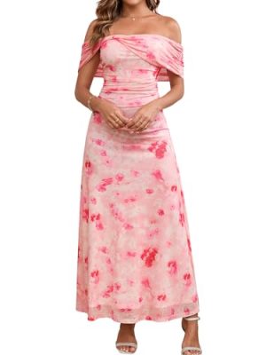 Women Floral Off Shoulder Maxi Dress Summer Ruched Bodycon Long Formal Wedding Guest Dresses 2025