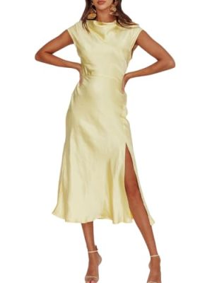 Women's Summer Satin Elegance Backless Twist Cap Sleeves Midi Dress 2025 Sexy Cowl Neck Slit Cocktail Wedding Guest Dresses