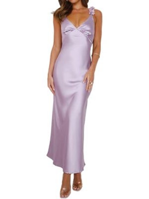 Summer Satin Spaghetti Strap V Neck Midi Dresses for Women Wedding Guest Elegant Flower Backless Cocktail Formal Dress