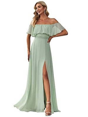 Women's Elegant Off The Shoulder Side Split High Waist Flowy Chiffon Maxi Bridesmaid Dress 00968