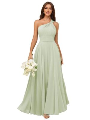 One Shoulder Bridesmaid Dresses for Wedding Chiffon A Line Pleated Long Formal Dress for Women