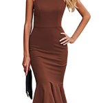 Women's Sleeveless Midi Bodycon Formal Dress Ruffle Mermaid Hem Elegant Cocktail Wedding Guest Midi Dresses