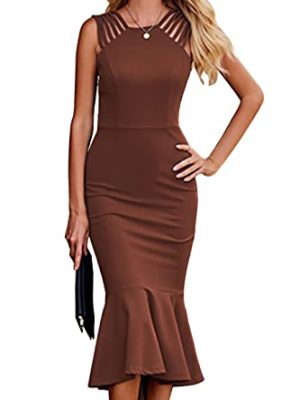 Women's Sleeveless Midi Bodycon Formal Dress Ruffle Mermaid Hem Elegant Cocktail Wedding Guest Midi Dresses