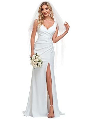 Women’s V Neck Sleeveless Bridal Wedding Dress with Slit Floor Length Mermaid Gown for Bride White 0121B