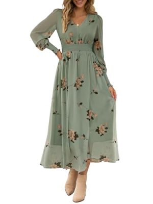 Women's Long Sleeve Floral Maxi Dress Casual V Neck Chiffon Boho Flowy Beach Fall Wedding Guest Party Long Dresses