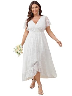 Womens Plus Size Wedding Guest Dress Formal Lace Wrap V Neck High Low Short Sleeve Cocktail Maxi Dresses XL-4XL