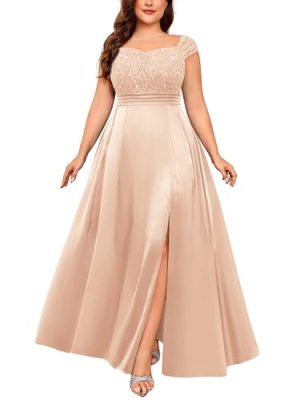 Women's Plus Size Sequin Lace Off Shoulder Satin Slit Formal Evening Party Maxi Dress