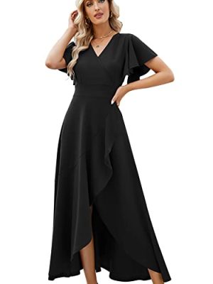 Long Black Formal Dresses for Women Gowns Evening Party Cocktail Dress,Split Elegant V Neck Wrap Ruffle Wedding Guest Dresses